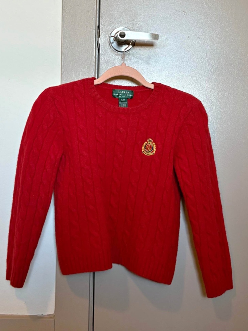 Ralph Lauren Red Cable Crewneck Sweater with Embroidered Crest